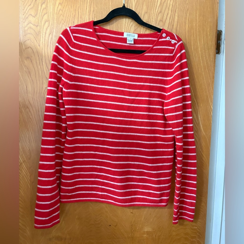 Barneys New York Red and White Striped Cashmere Crew Neck Sweater L - Picture 2 of 8